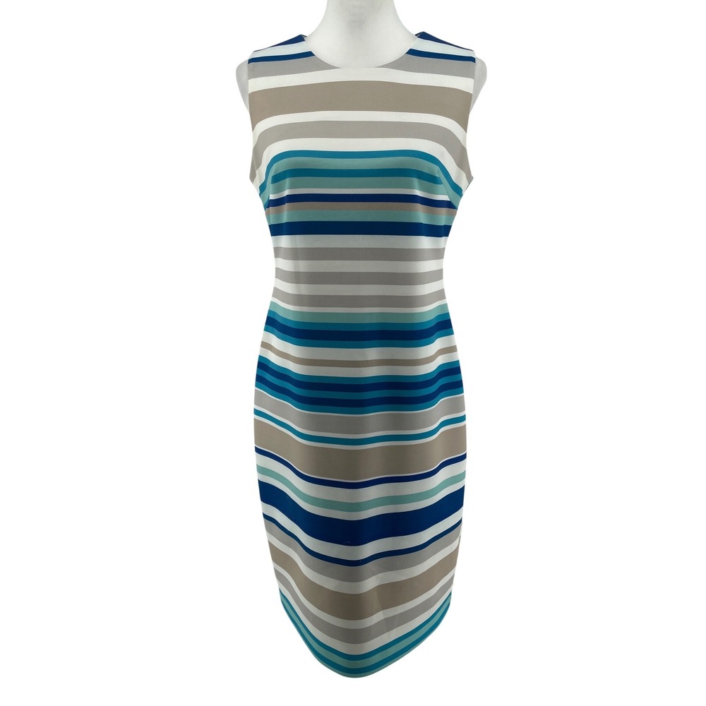 Calvin Klein Sheath Scuba Dress Womens 8 Blue Tan Stripe Coastal Nautical Brunch